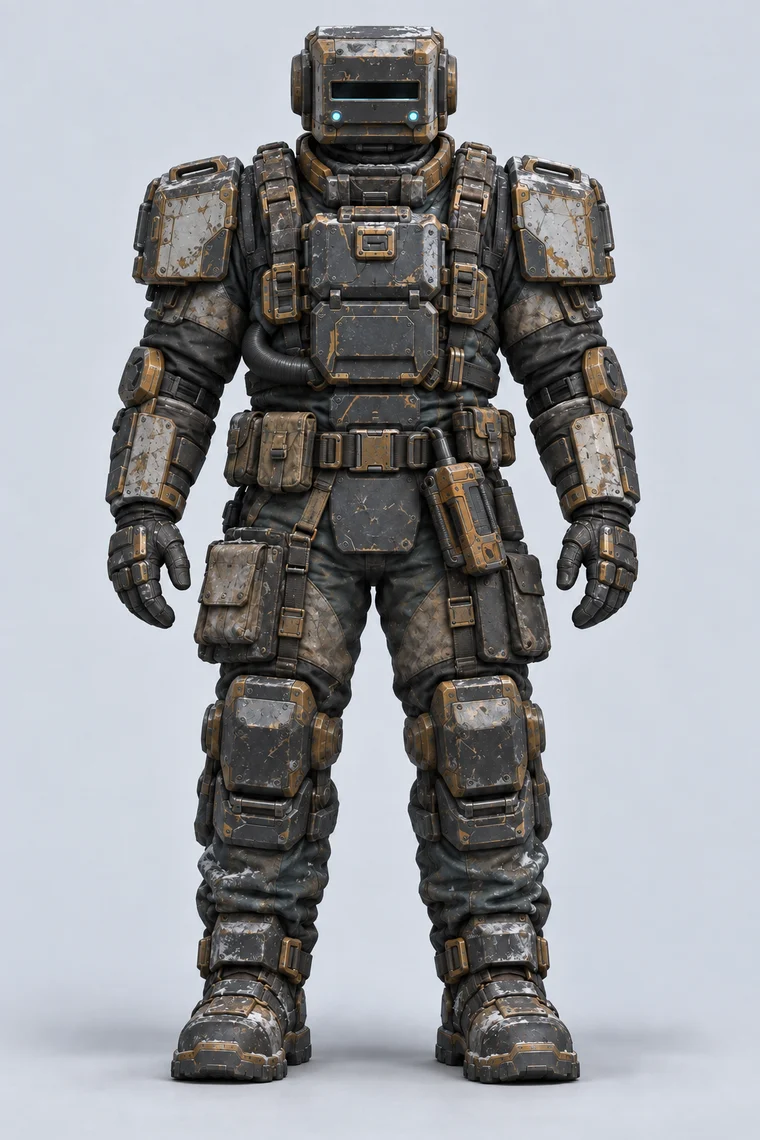 Heavy salvager concept artwork showing a weathered armored expedition suit.