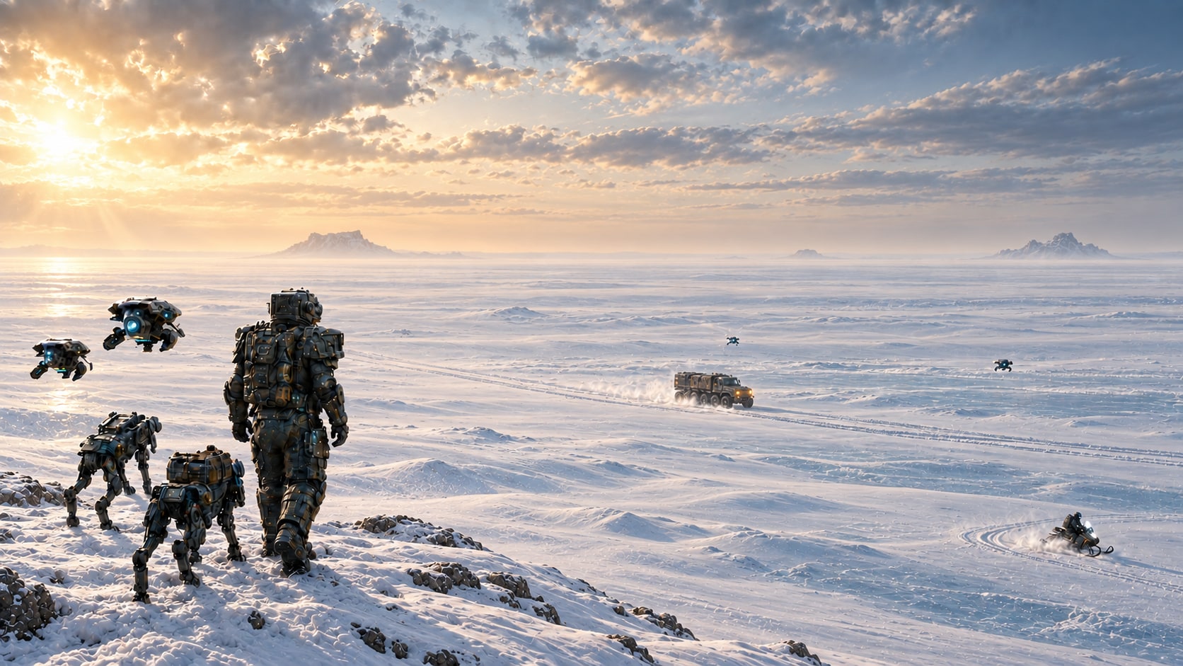An armored explorer and robot companions look across an immense snow desert at sunrise. Vehicles leave trails toward distant mountains. IMPRINT concept artwork.